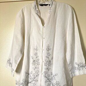 Mercer & Madison - White Linen L/S Button-front Top with Embroidery - Size 16
